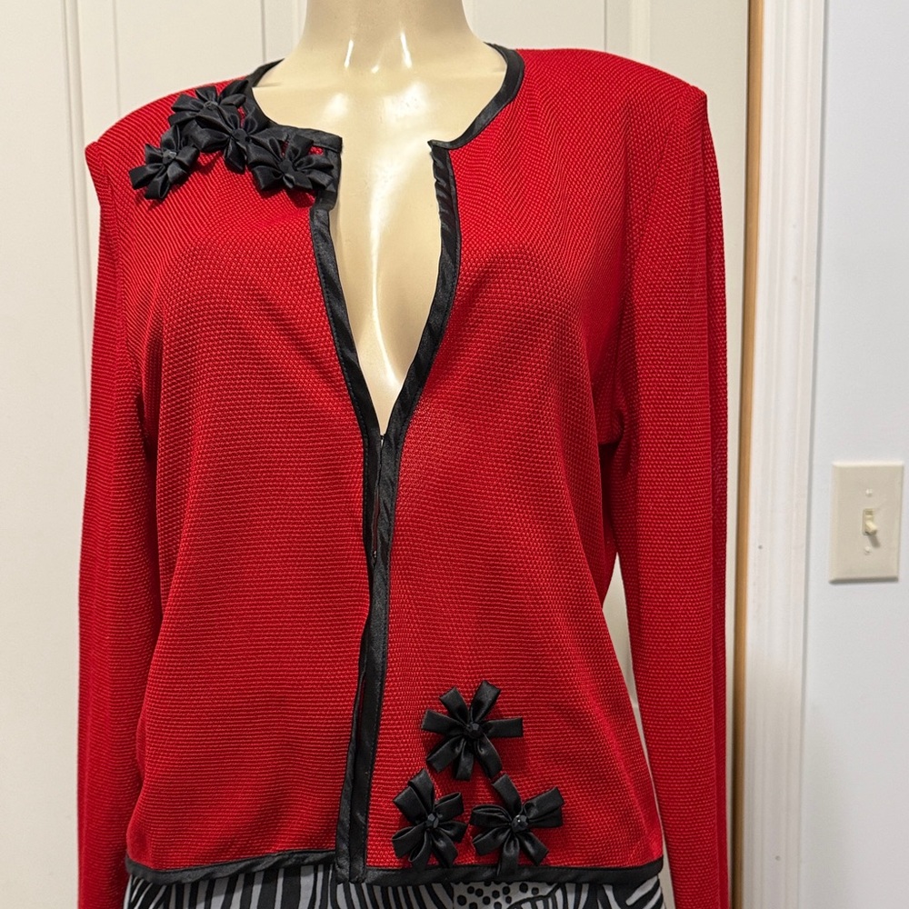 Misook Red Cardigan with Black Floral Accents